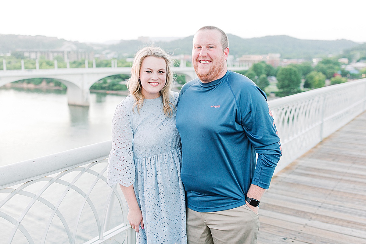 Chattanooga Proposal Couple Smiling at camera on Walnut Street Bridge Photo
