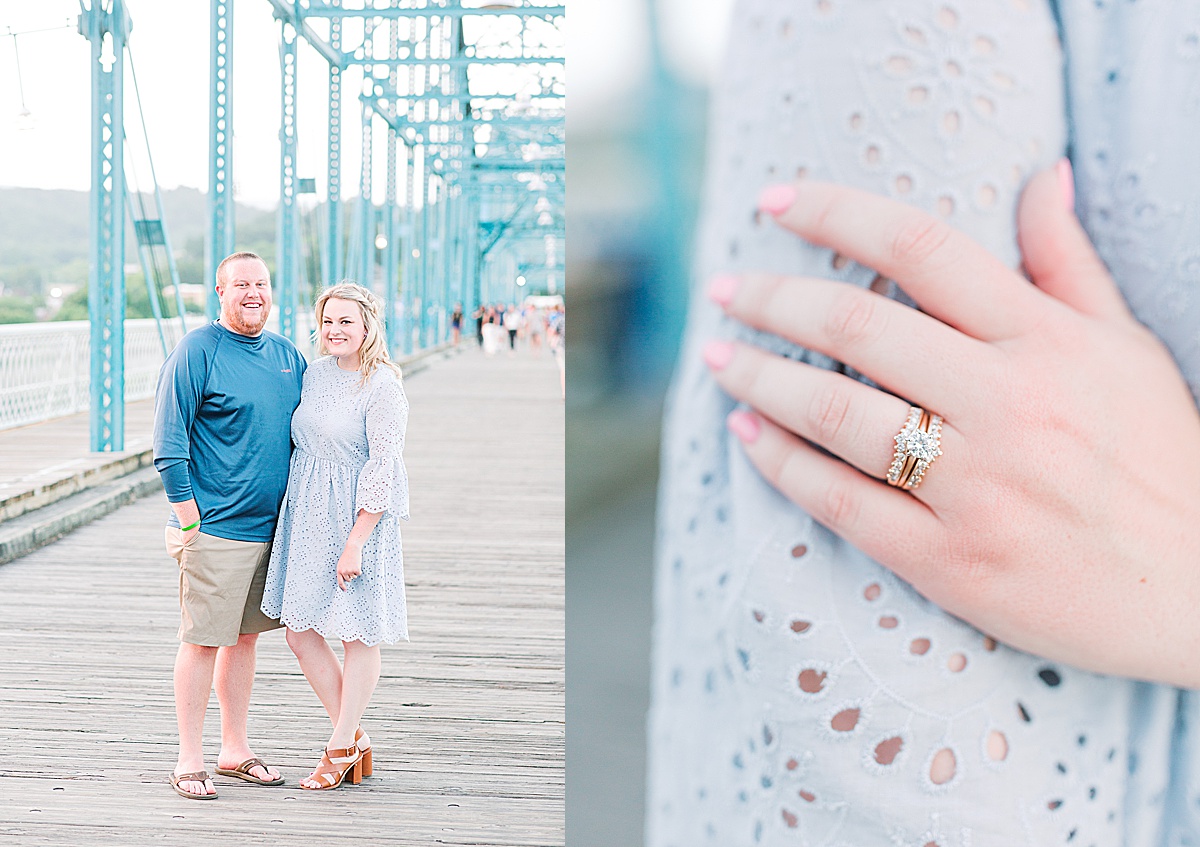 Chattanooga Proposal Couple Smiling at Camera on Bridge and detail of ring Photos