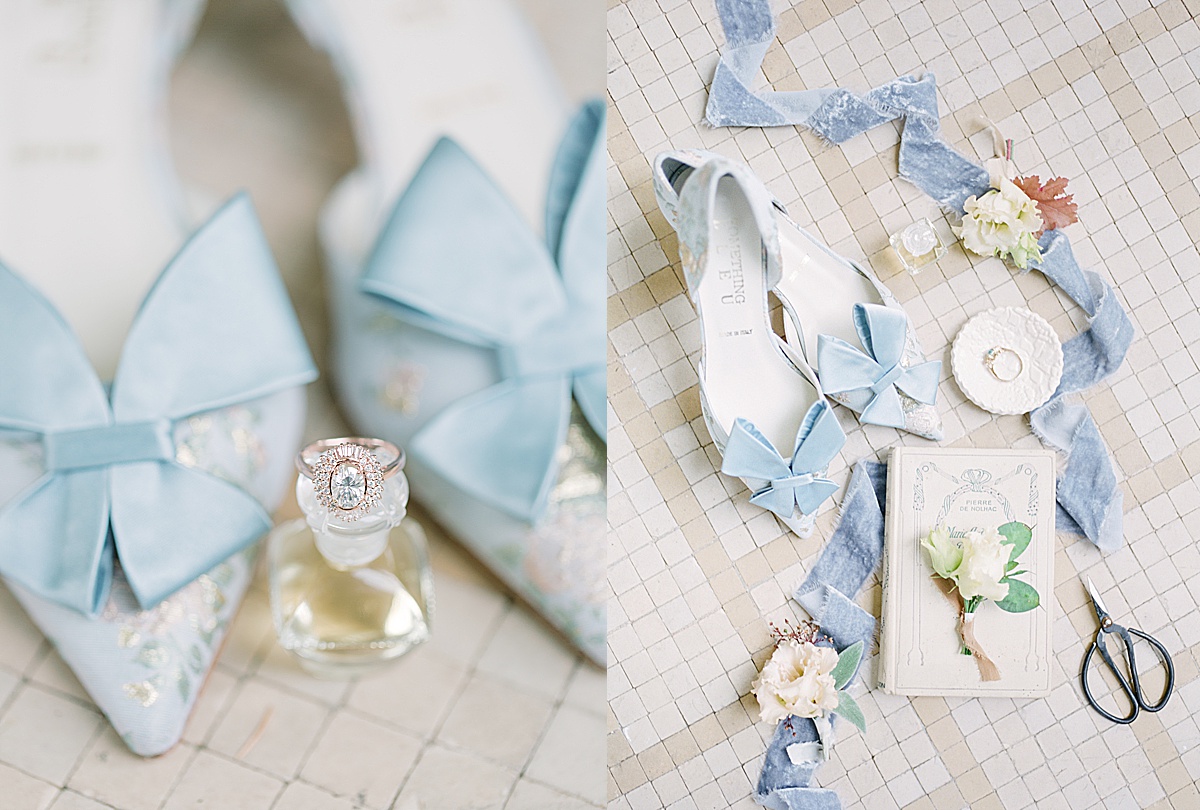 Château Bouffémont Wedding Brides Shoes with Perfume and Ring and Bridal Details Photos