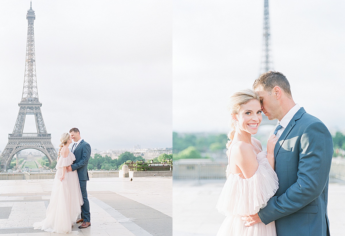 Eiffel Tower Wedding Bride and Groom Nose to Nose and Snuggling Photos
