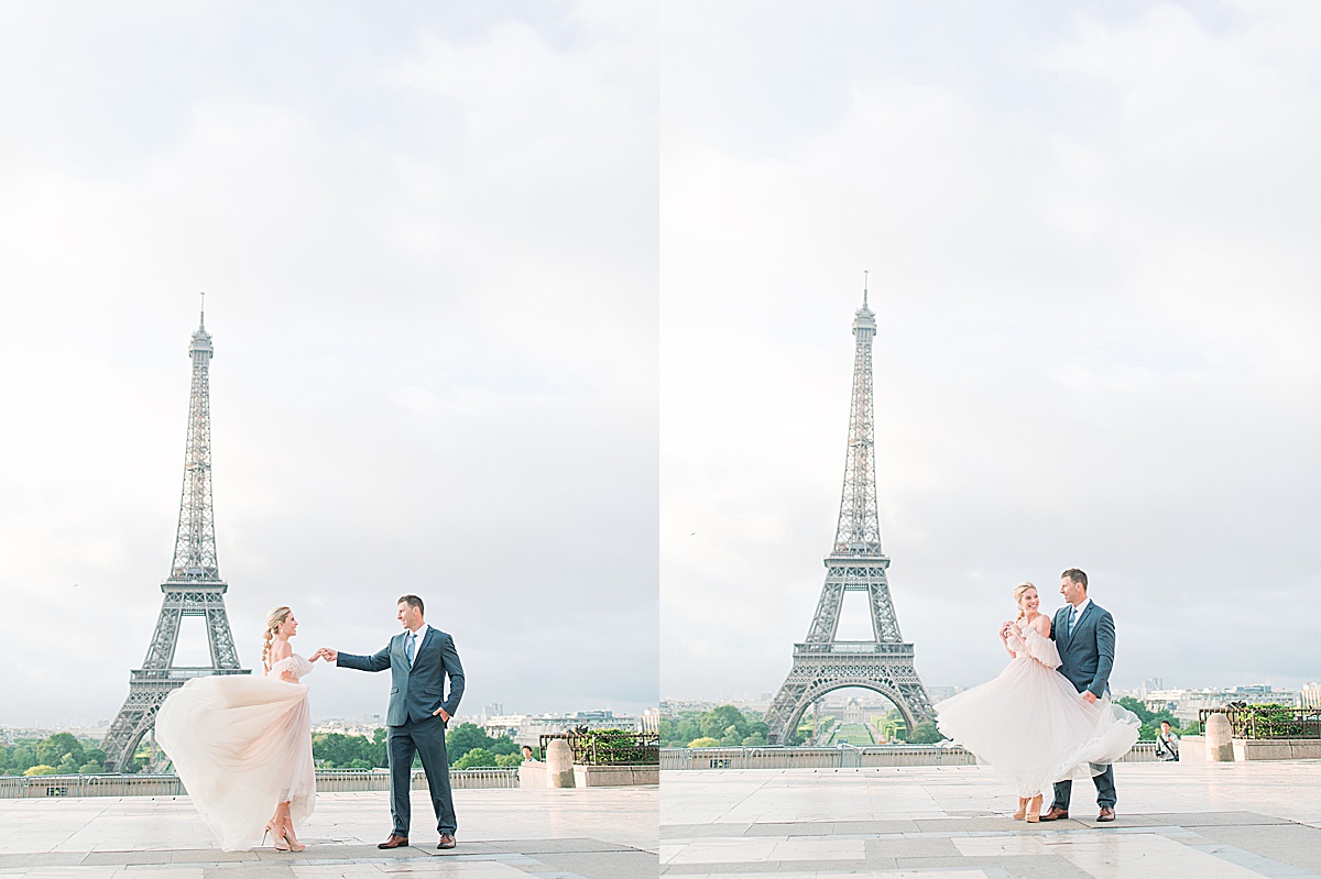 Eiffel Tower Wedding Groom Twirling Bride Photos