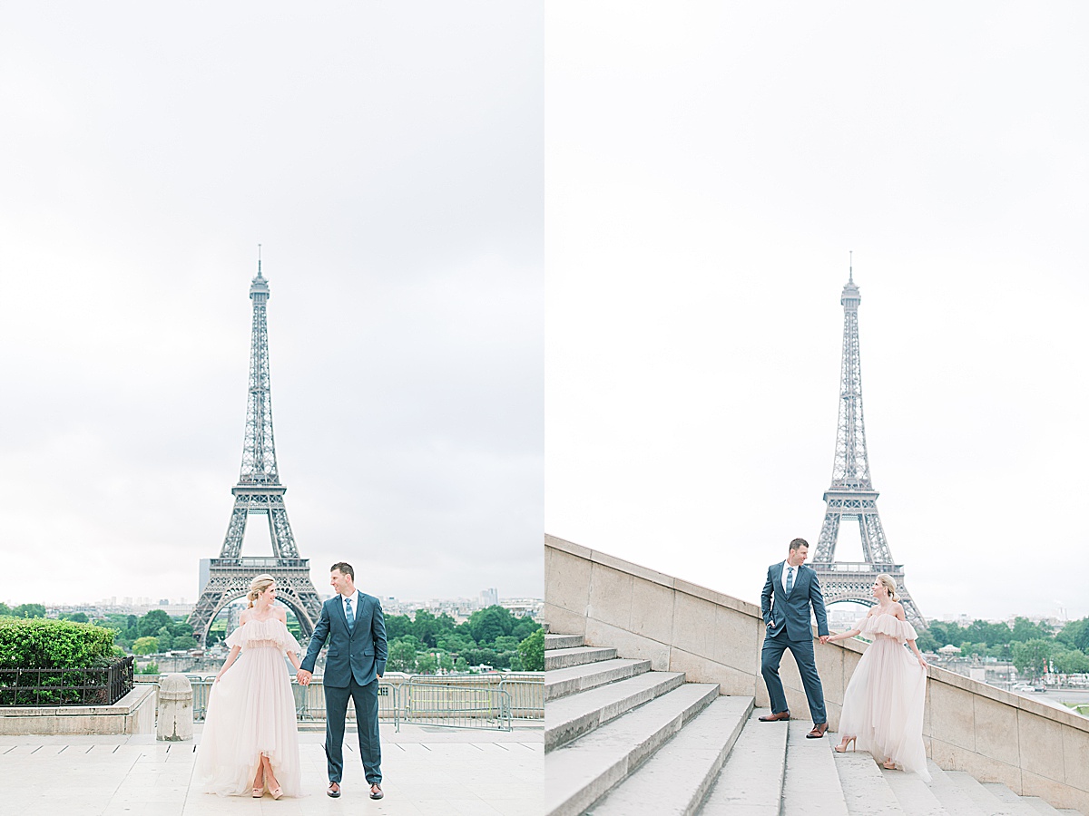 Eiffel Tower Wedding Bride and Groom Holding hands and Walking up Stairs Photos