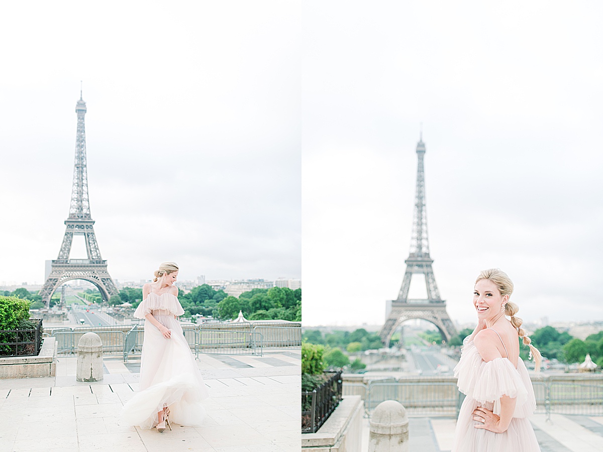 Eiffel Tower Wedding Bride Twirling in Pink Dress and Looking Over Shoulder Photos