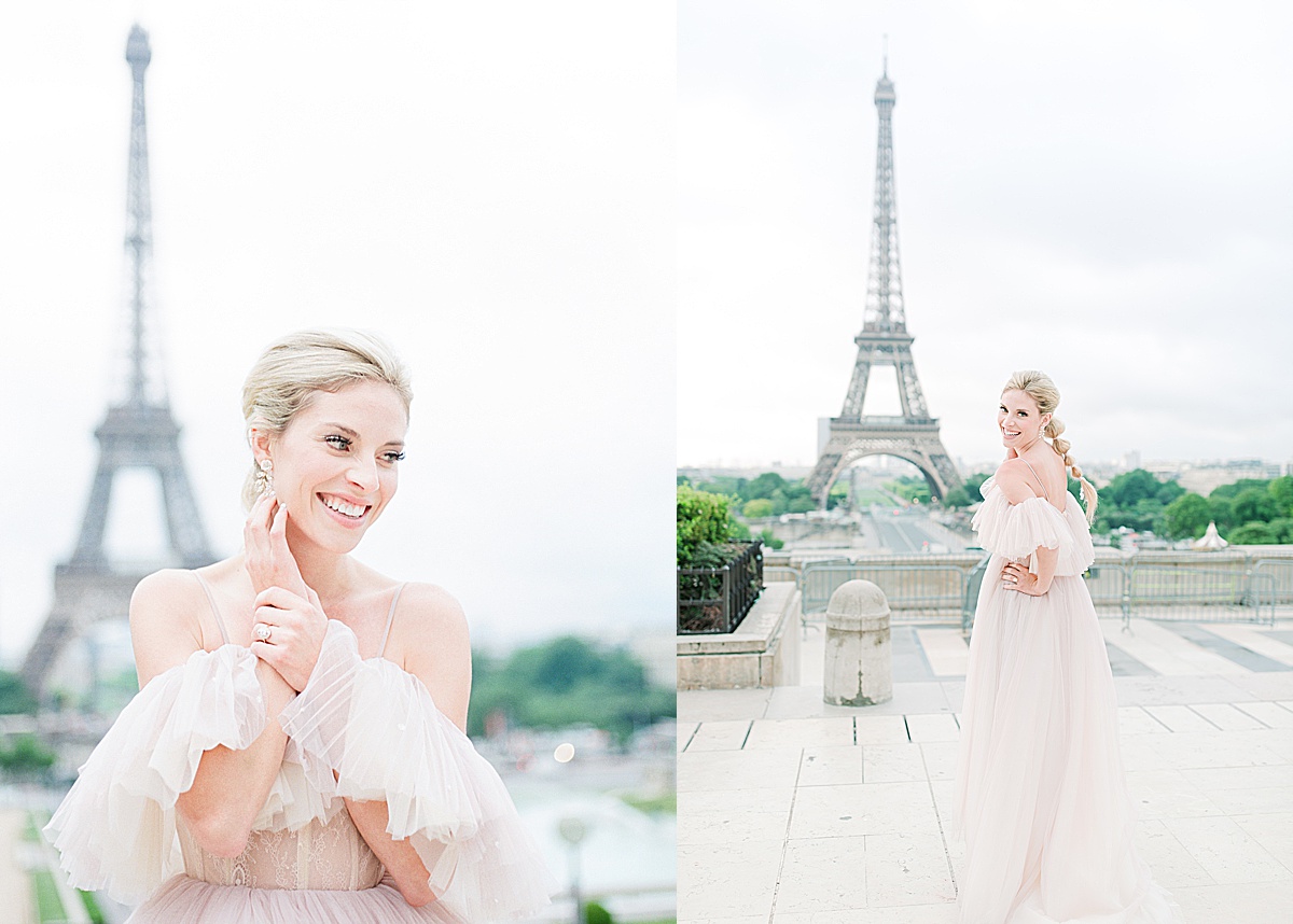 Eiffel Tower Wedding Bride Smiling over her shoulder Photos