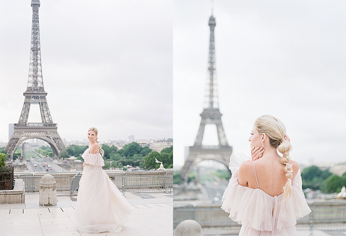 Eiffel Tower Wedding Bride Twirling and Detail of Brides Hair Photos
