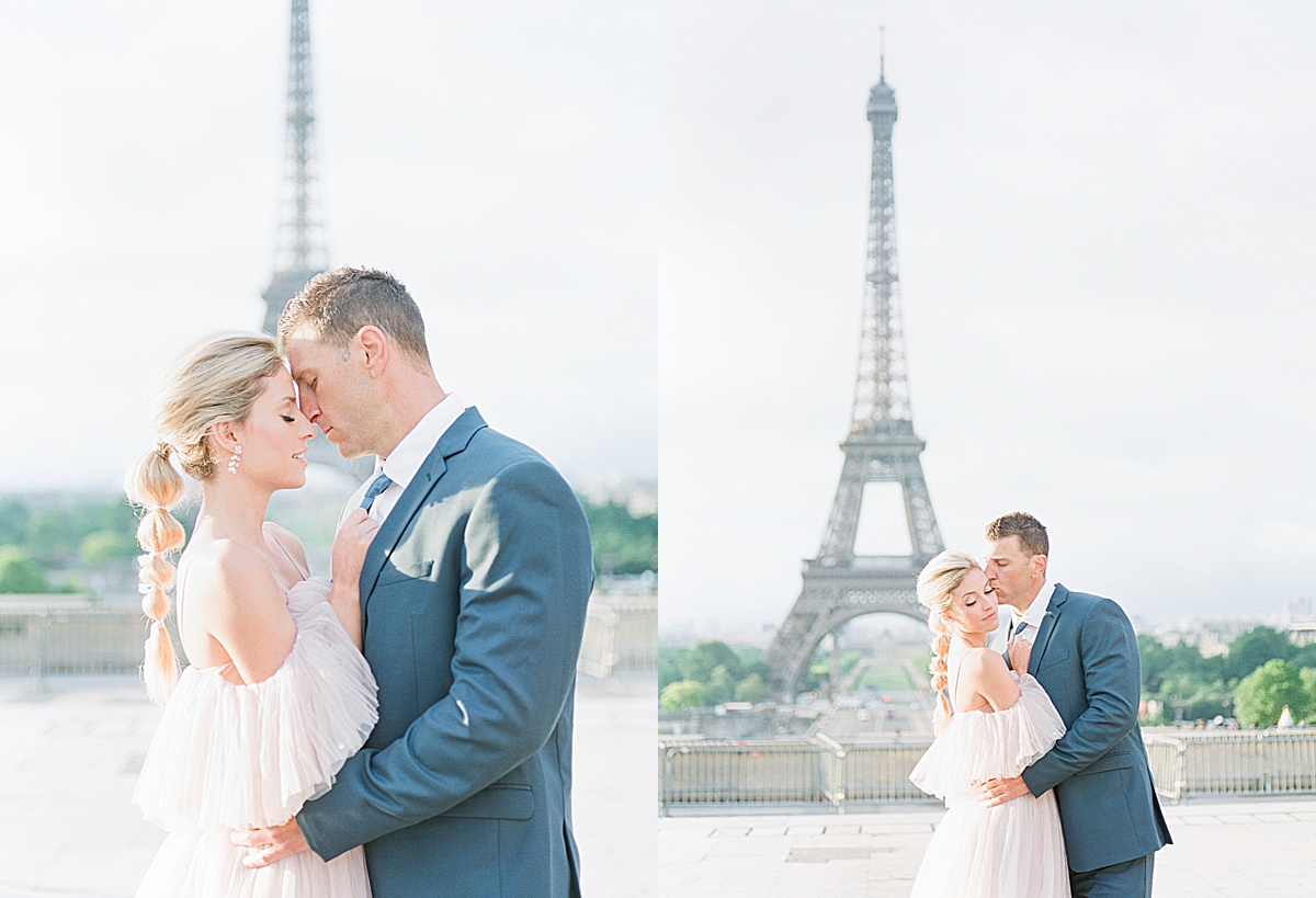 Eiffel Tower Wedding Bride and Groom Snuggling Photos