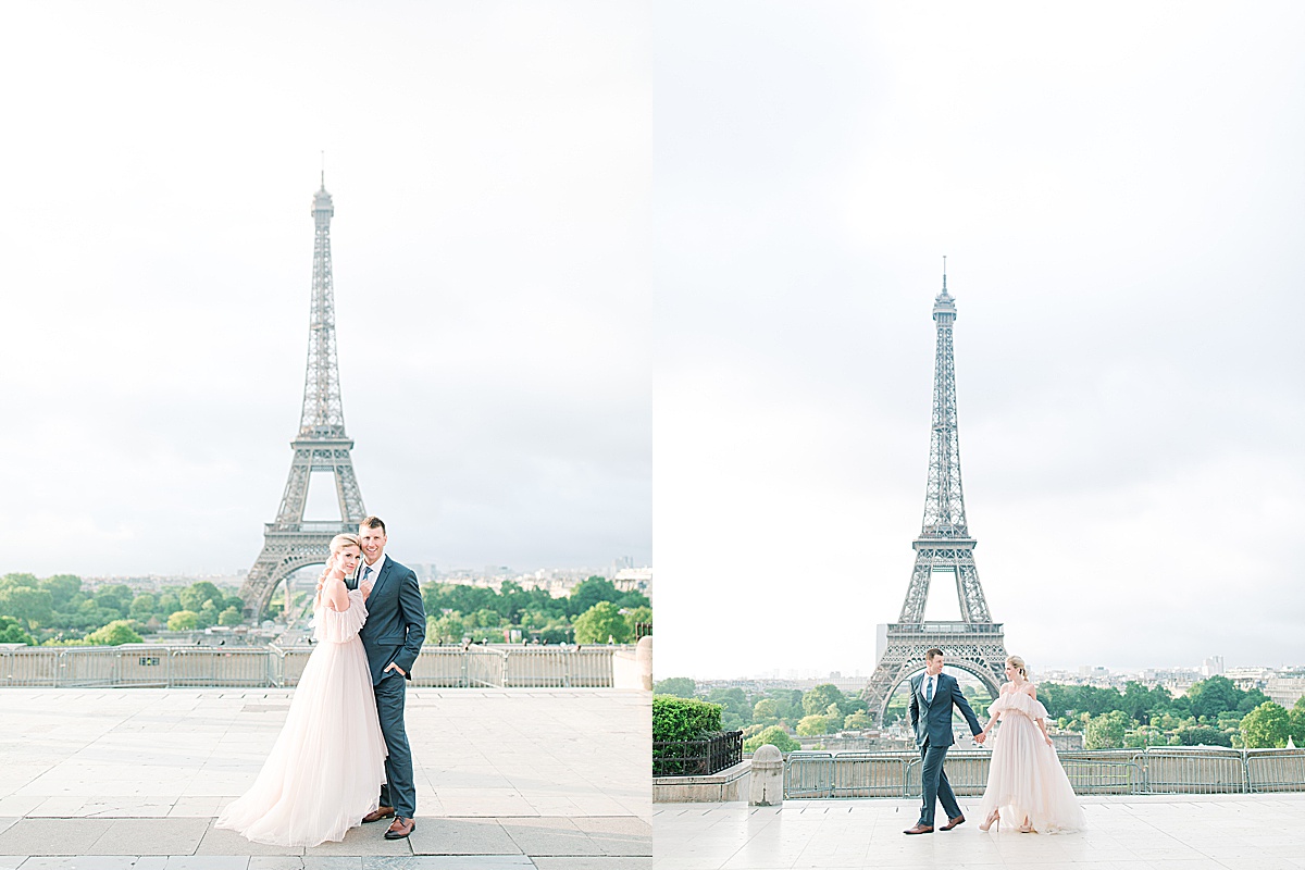Eiffel Tower Wedding Bride and Groom Snuggling and Walking Photo