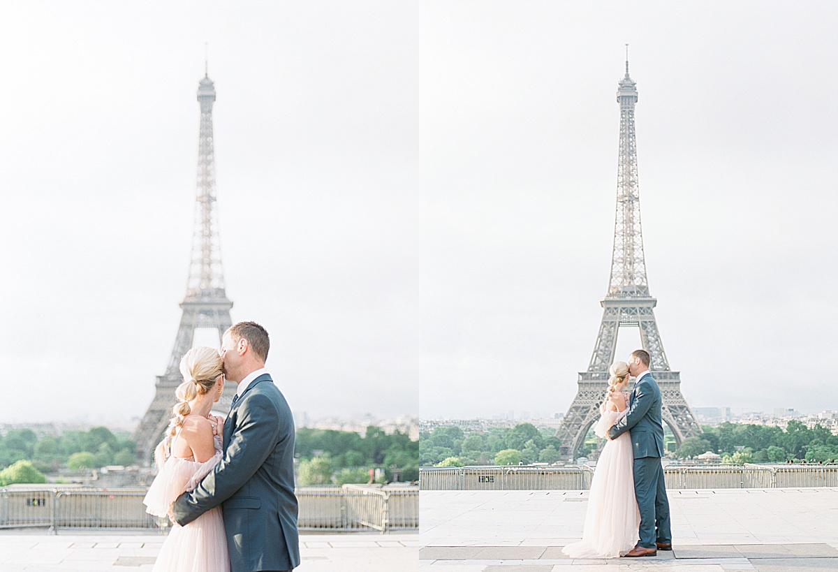 Eiffel Tower Wedding Couple Snuggling looking at the tower Photos