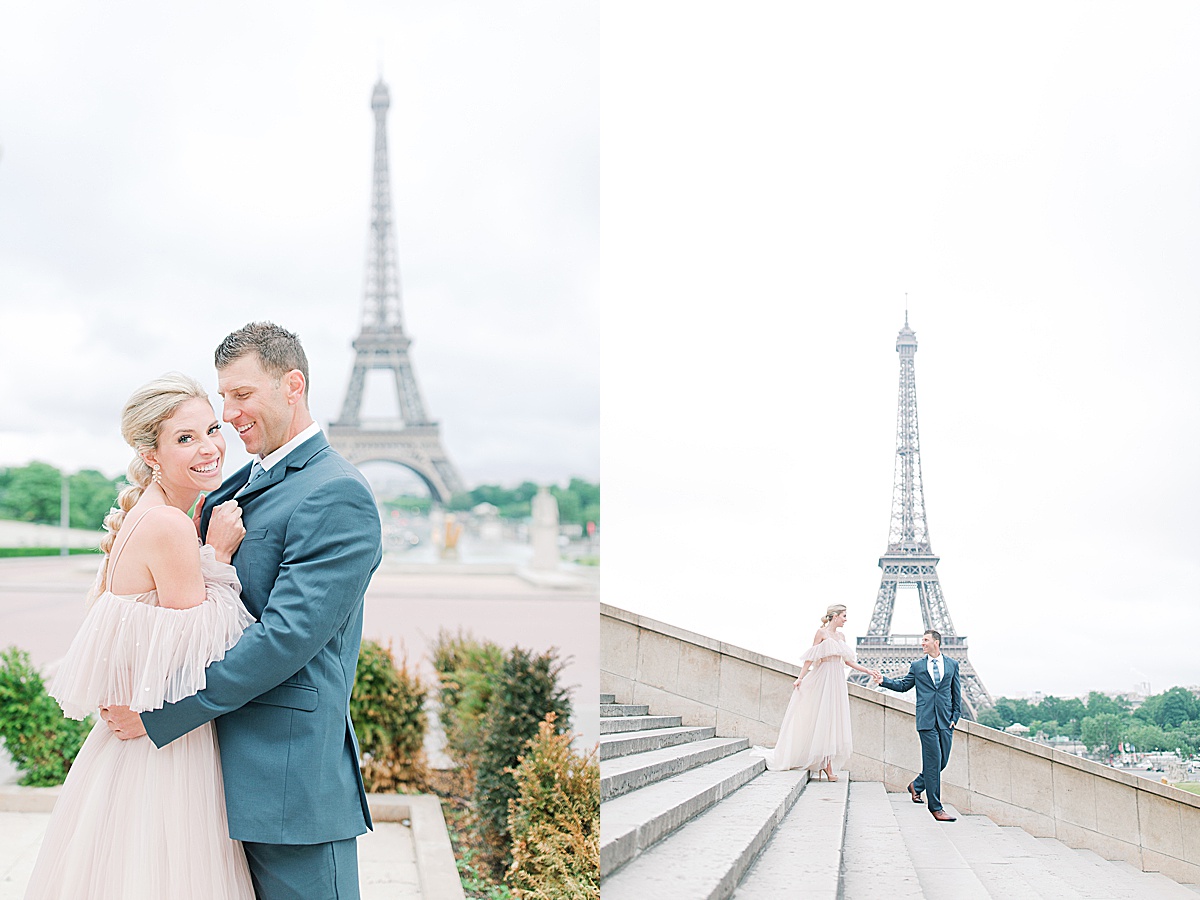 Eiffel Tower Wedding Couple Smiling and Hugging and Walking Down Stairs Photos