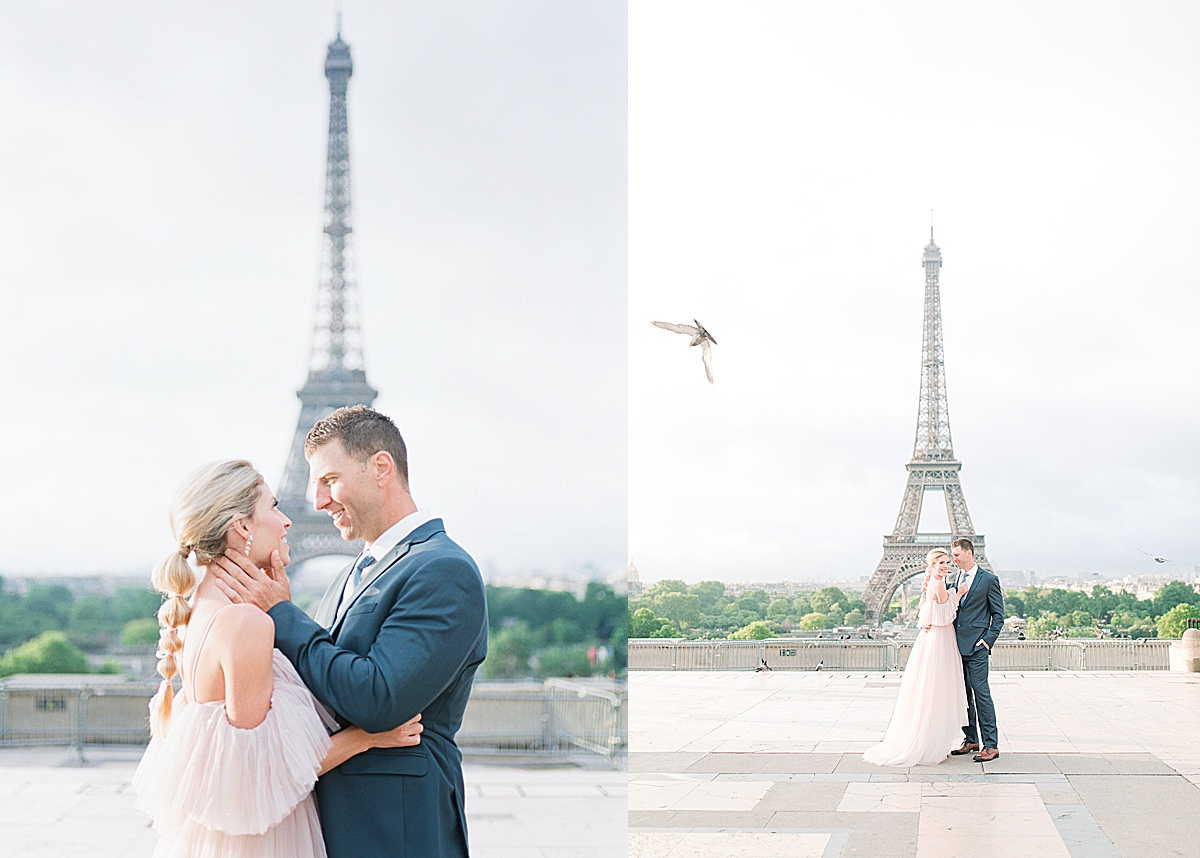 Eiffel Tower Wedding Groom Holding Brides Face and Snuggling Photos