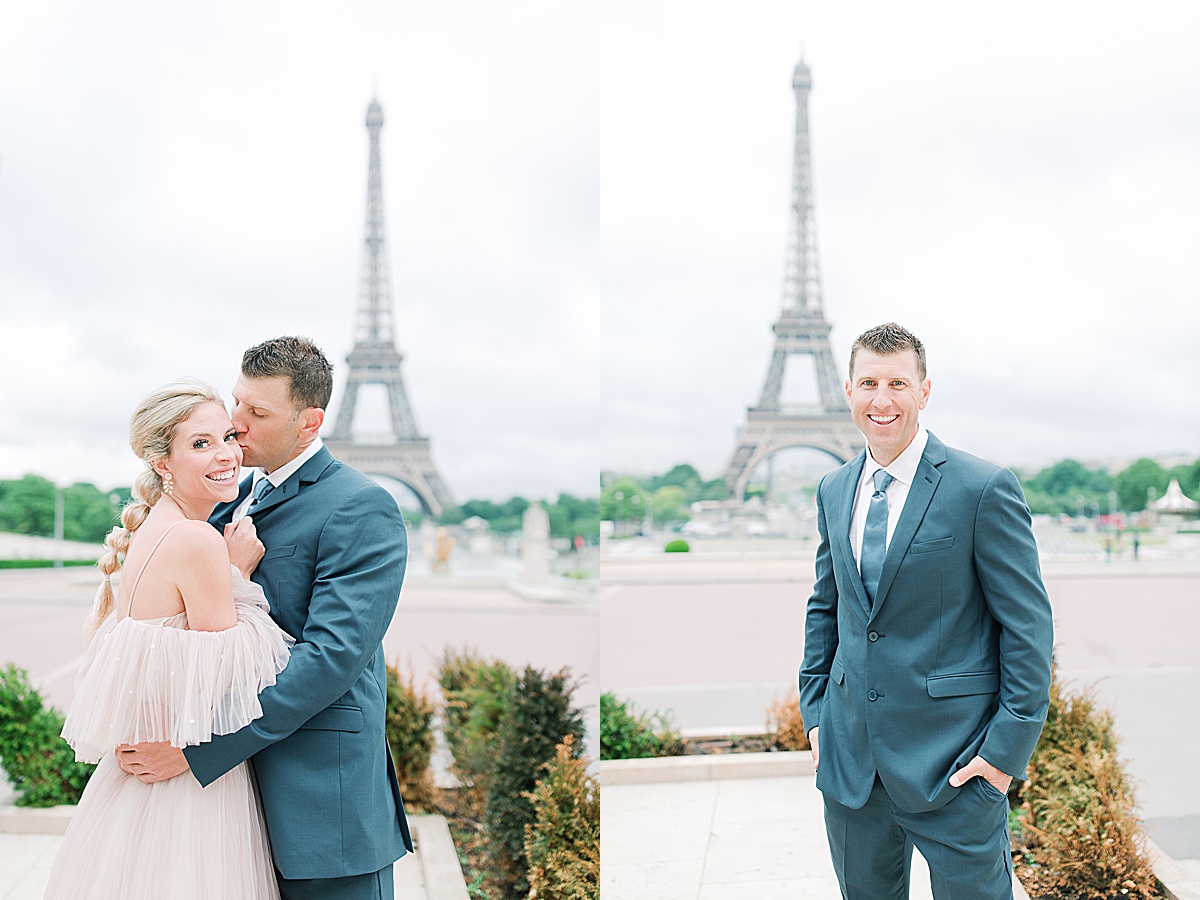 Eiffel Tower Wedding Groom Kissing Bride and Groom Photos
