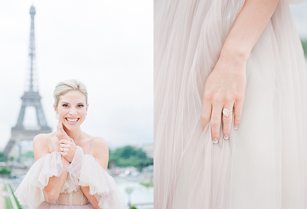 Eiffel Tower Wedding Bride Smiling at Camera and Detail of Wedding Ring Photos