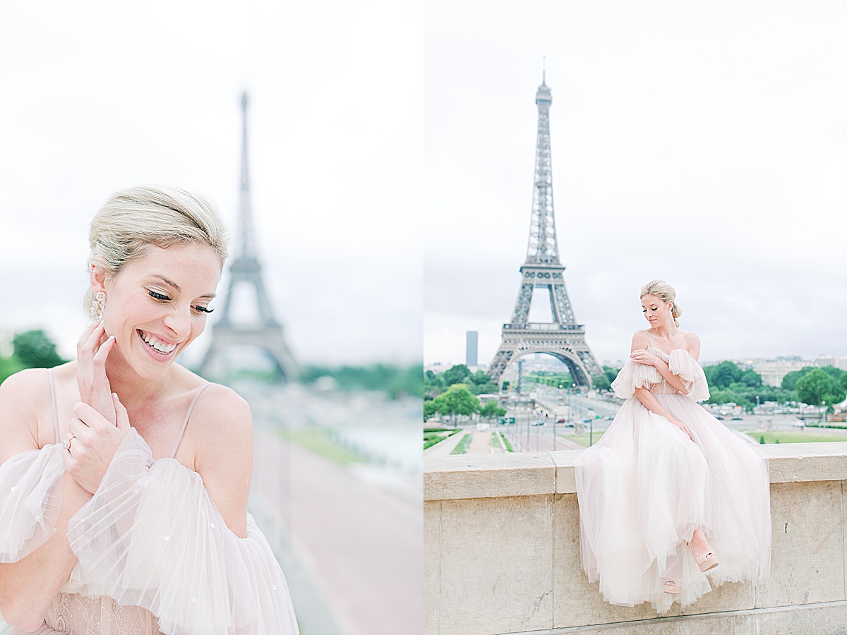 Eiffel Tower Wedding Bride Smiling Sitting on Wall Photos