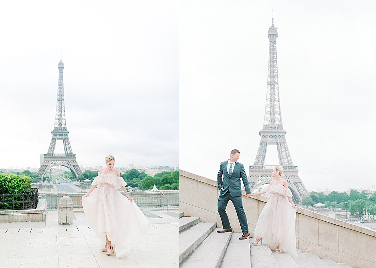 Eiffel Tower Wedding Bride Twirling and Couple Walking up Stairs Photos
