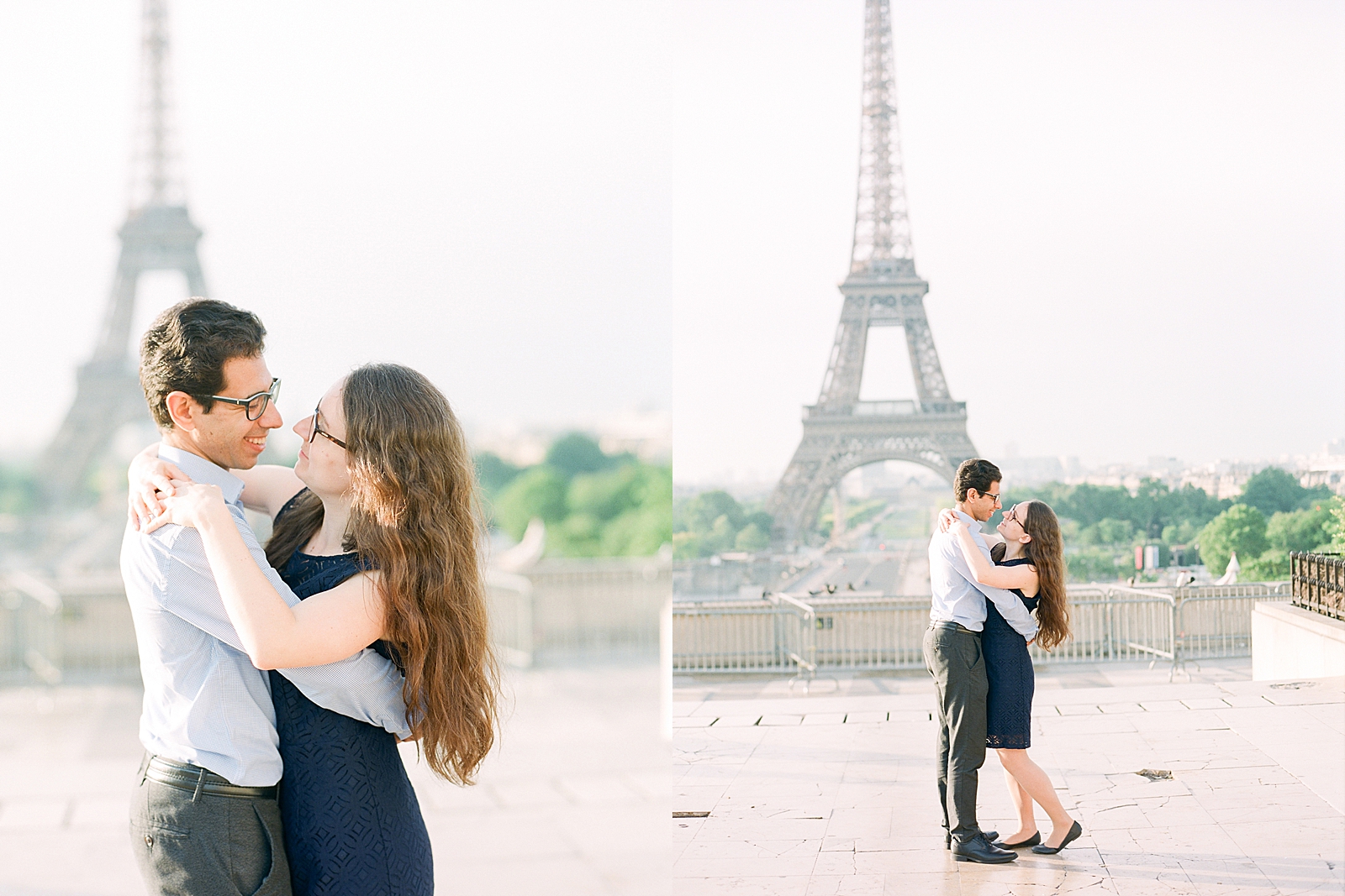 Eiffel Tower Engagement Session Couple hugging Photos