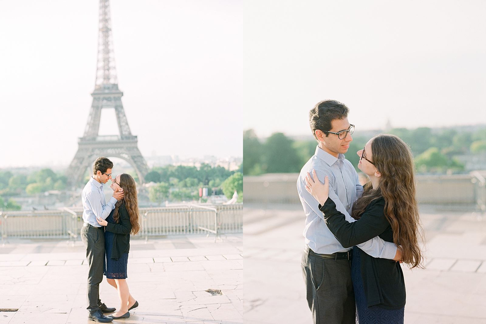 Eiffel Tower Engagement Session couple smiling at each other Photos