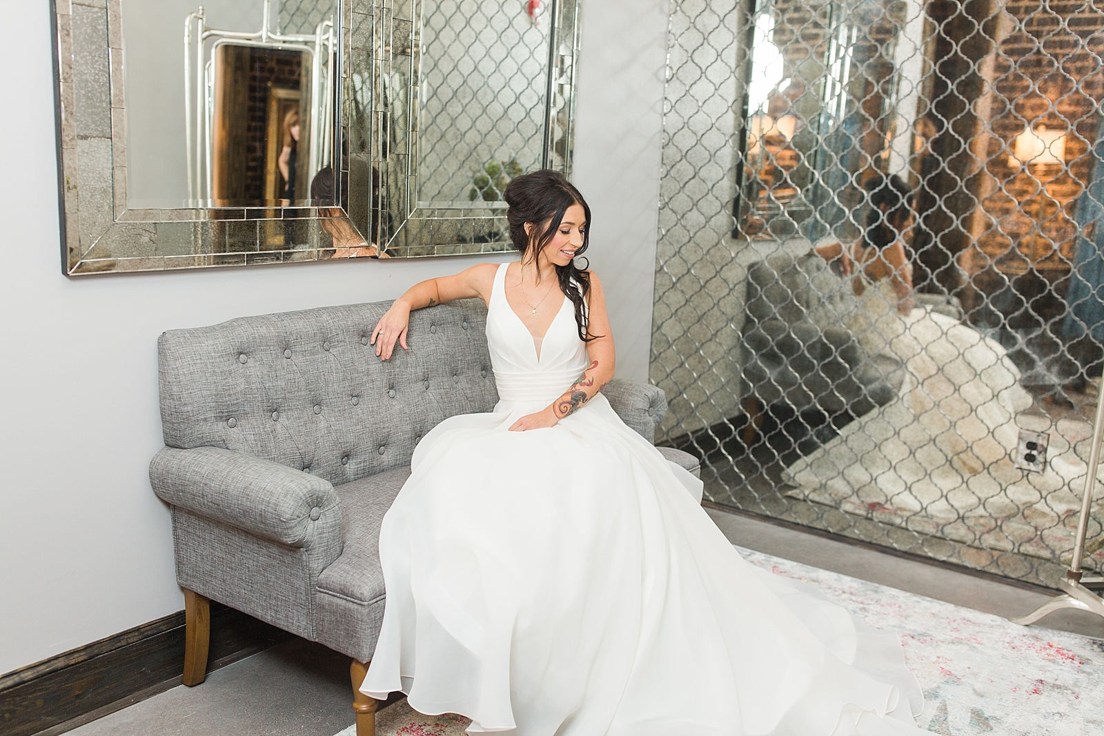 Glover Park Brewery Wedding Bride sitting in Bridal Suite Dressing Room Photo