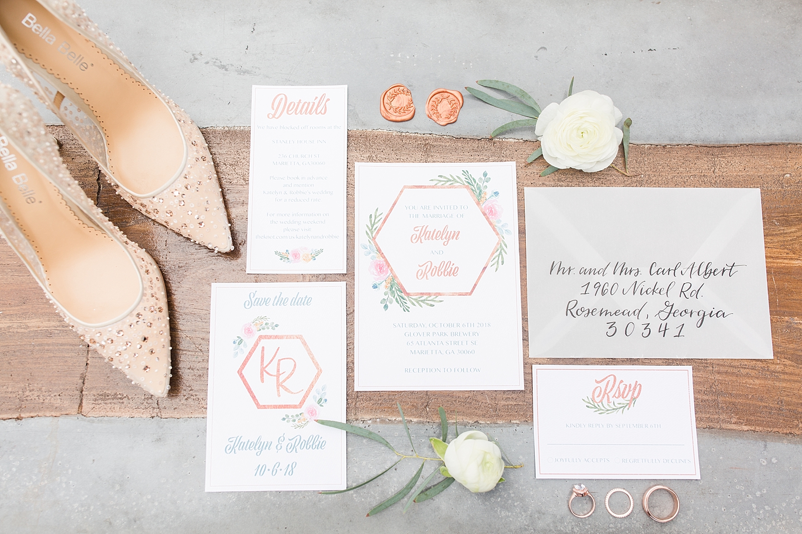 Glover Park Brewery Wedding Invitation Suite Rings and Bridal shoes on metal and wood table Photo