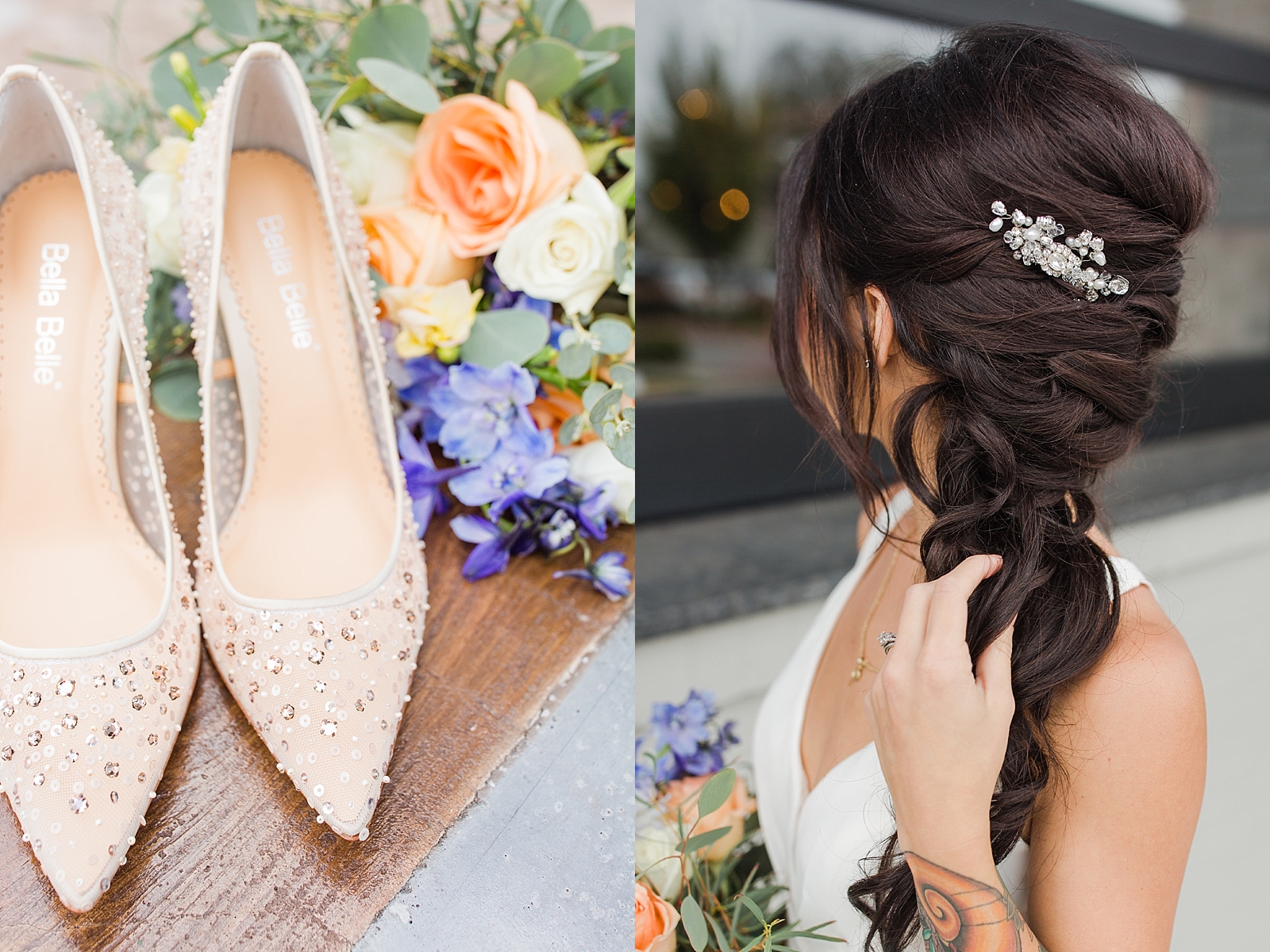 Glover Park Brewery Wedding Bridal shoes and bouquet and detail of bridal hair with comb Photos