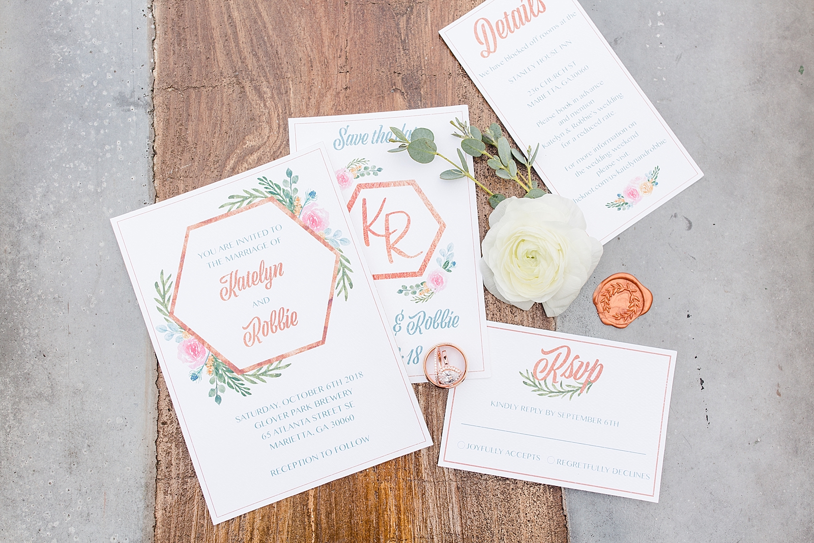 Glover Park Brewery Wedding Invitation Suite with white rose and wedding rings Photo