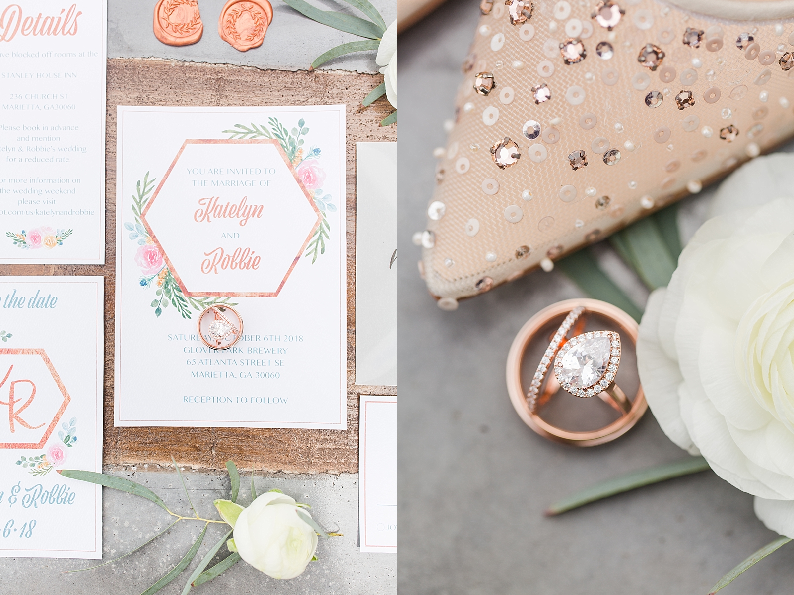 Glover Park Brewery Wedding invitation suite with wedding rings and detail of rings with bridal shoe Photo
