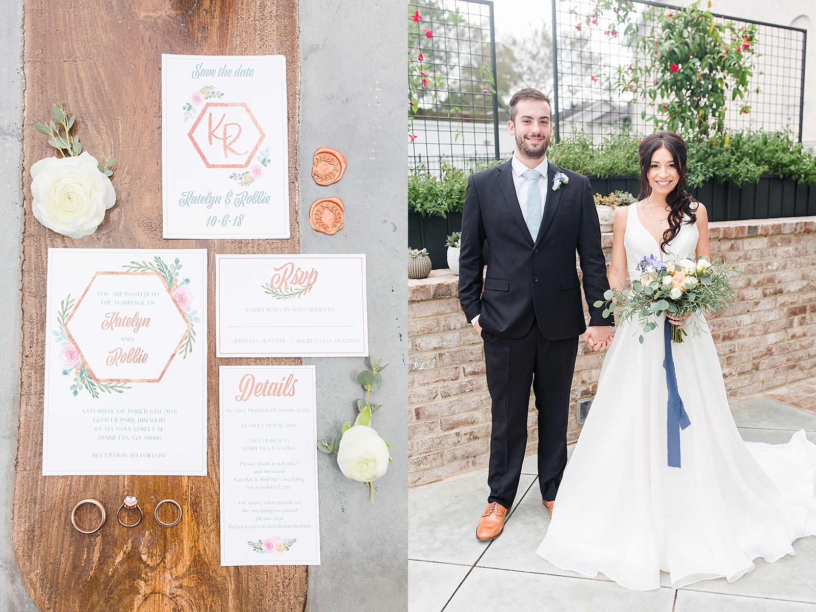Glover Park Brewery Wedding Invitation Suite and Bride and groom in front of trellis Photos