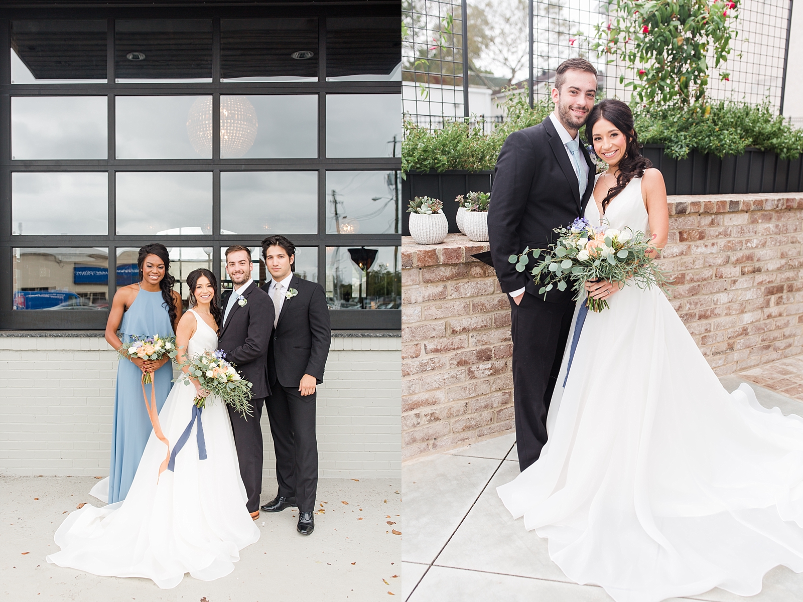 Glover Park Brewery Wedding Bridal Party in front of venue and bride and groom in front of trellis Photos