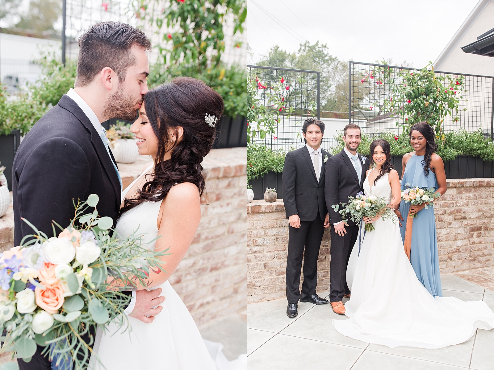 Glover Park Brewery Wedding Groom kissing bride on forehead and bridal party Photos