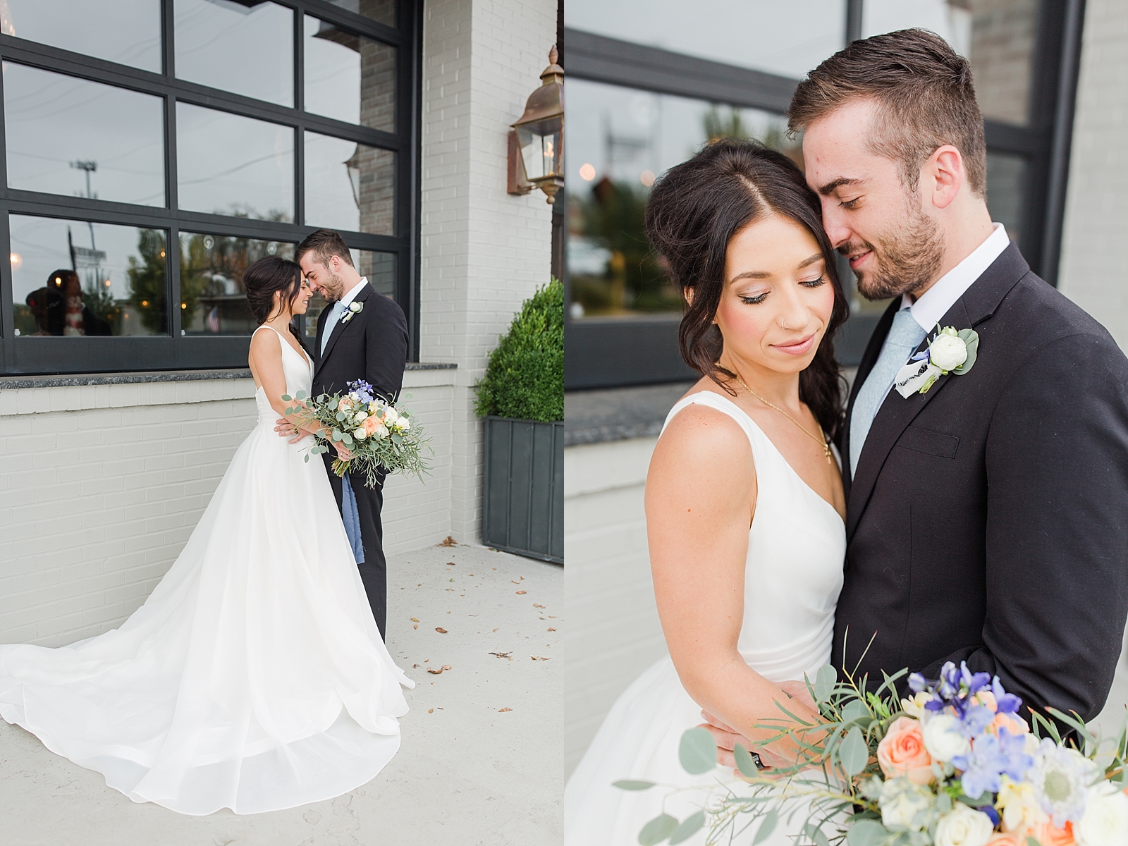 Glover Park Brewery Wedding Bride and Groom snuggling in front of venue Photos