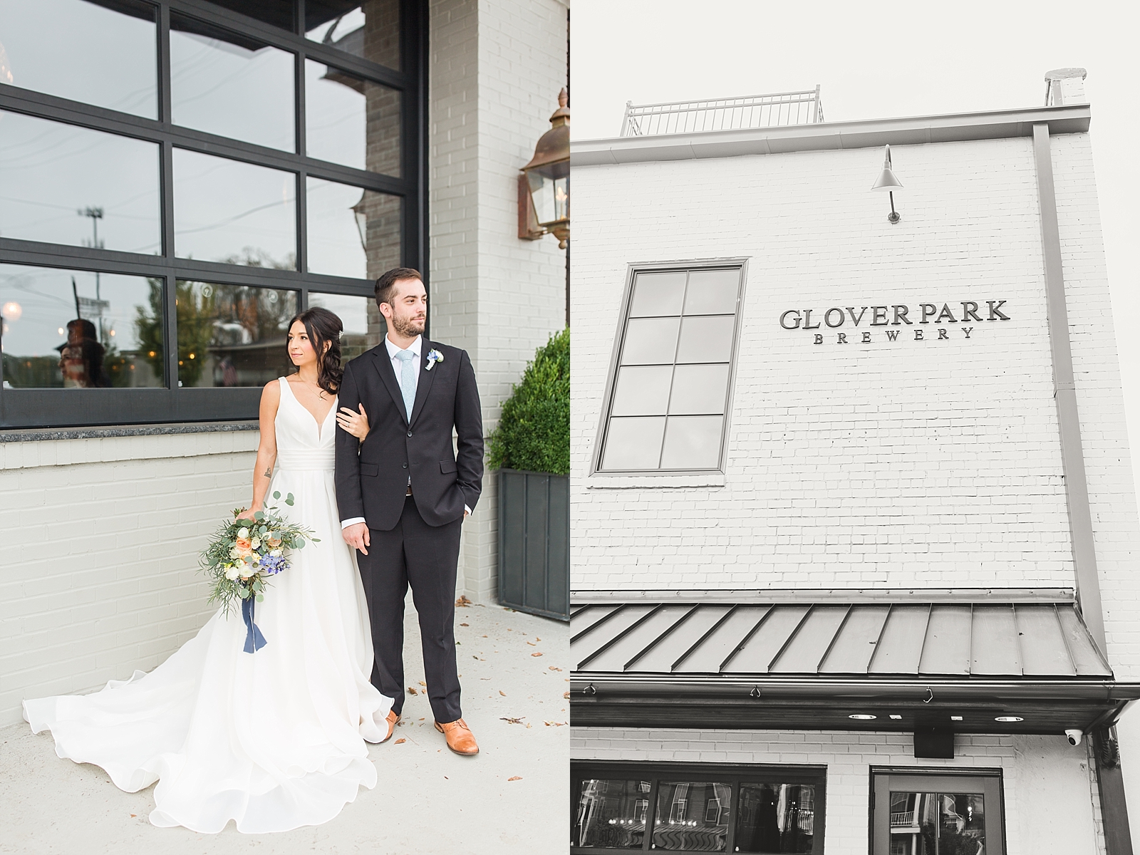 Glover Park Brewery Wedding Bride and Groom in front of venue looking opposite ways and black and white of venue building Photos