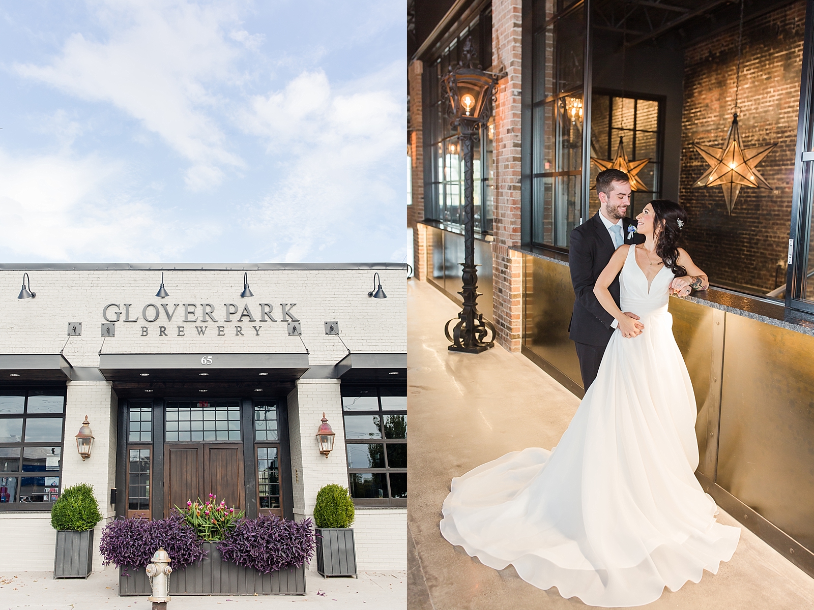 Glover Park Brewery Wedding front of venue and bride and groom in venue in front of star lights Photos