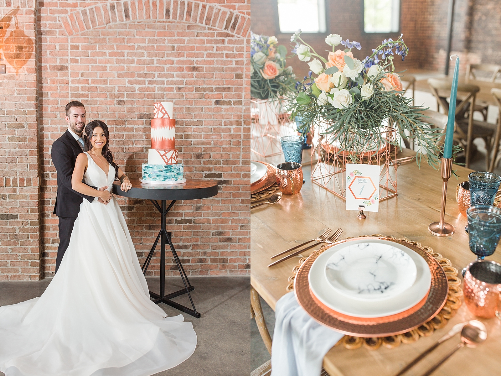 Glover Park Brewery Wedding Bride and groom with Cake and blue and copper reception table scape Photos