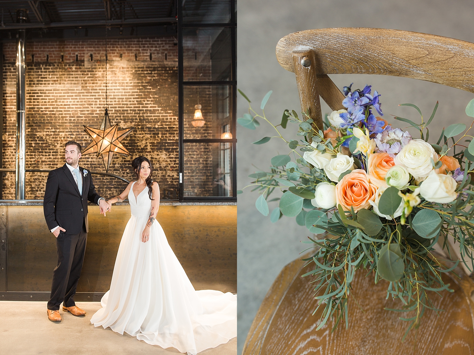 Glover Park Brewery Wedding Bride and groom in venue and Bridal bouquet on chair Photos