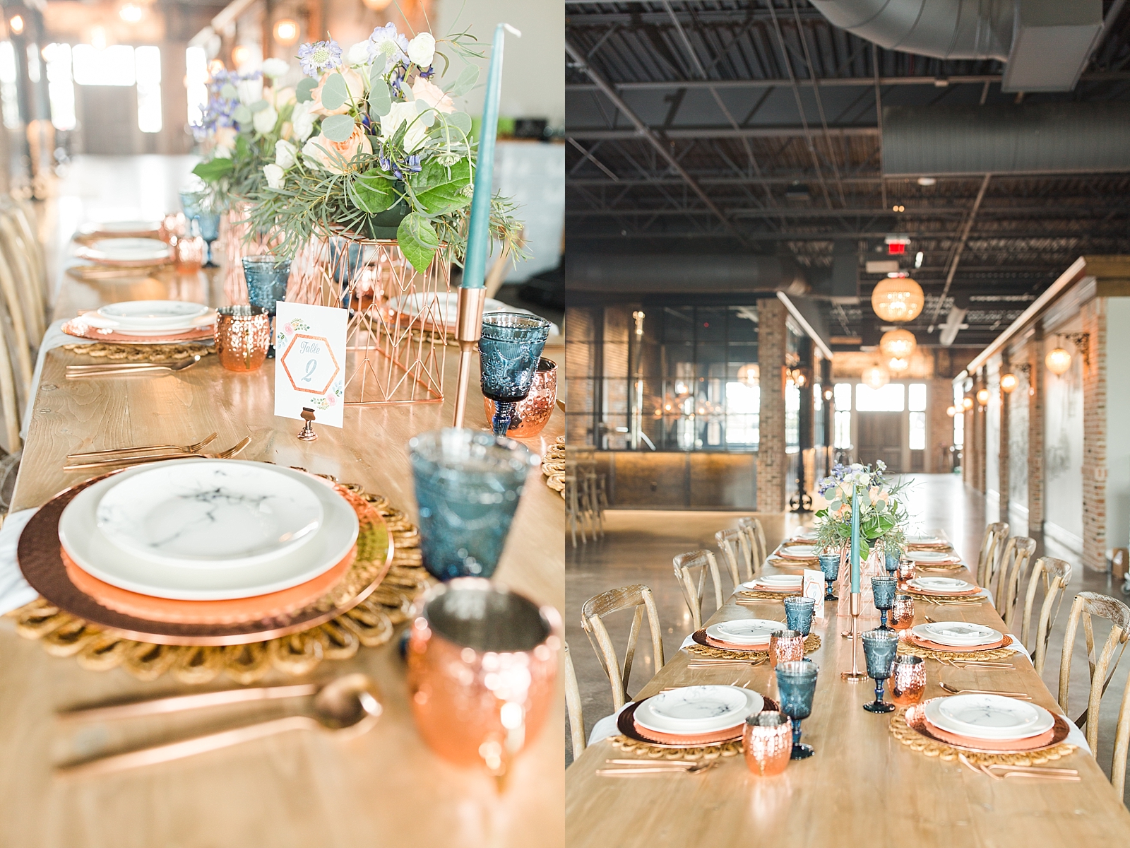 Glover Park Brewery Wedding Reception Copper and Blue table setting Photos