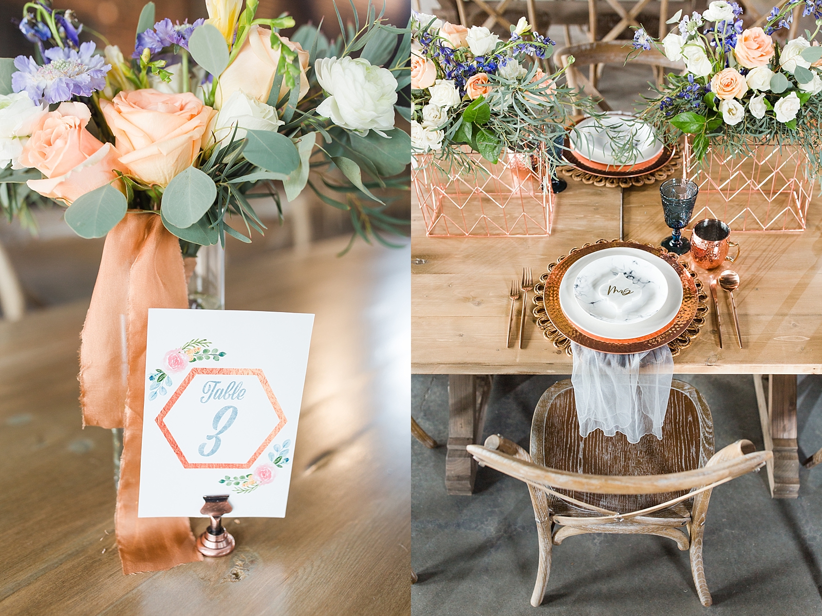 Glover Park Brewery Wedding copper and blue table number 3 with florals and table setting Photos
