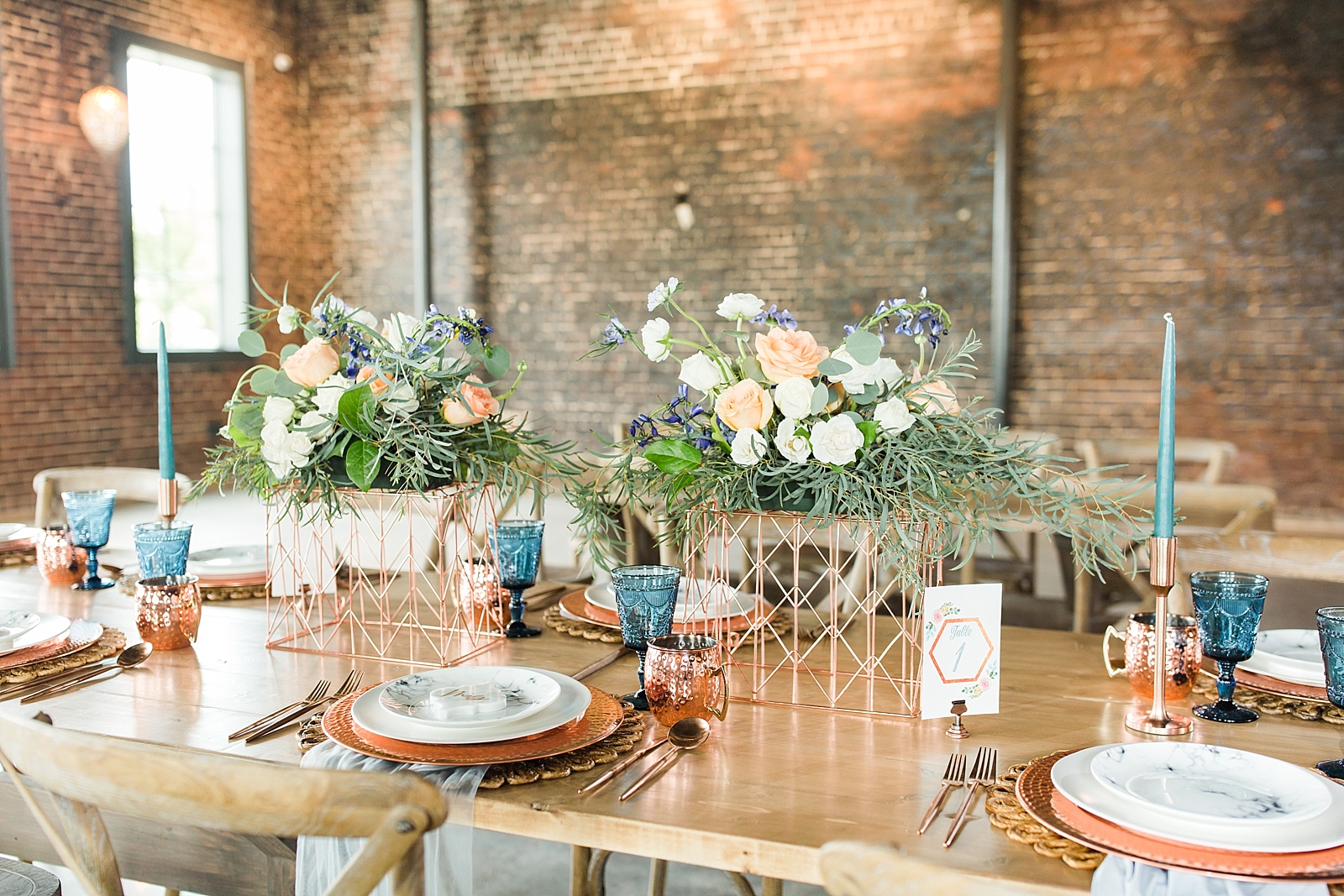 Glover Park Brewery Wedding Copper and Blue table scape Photo