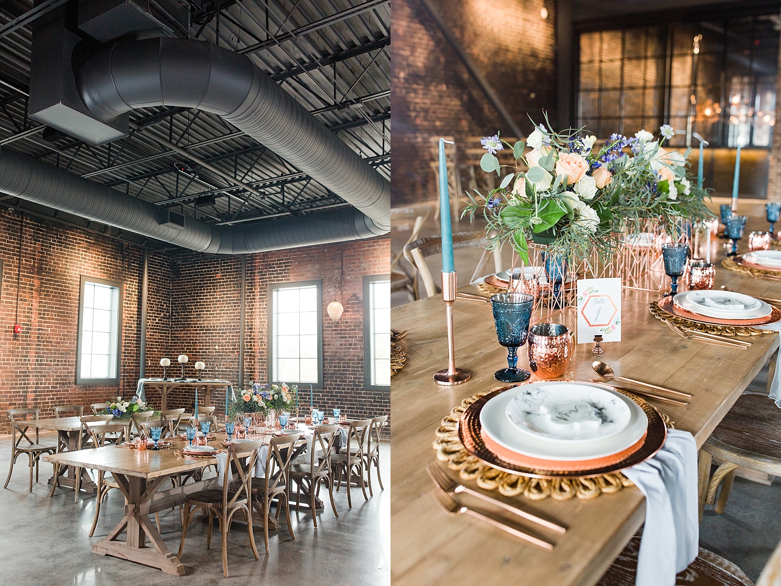 Glover Park Brewery Wedding table scape in venue and copper and blue table scape setting Photos