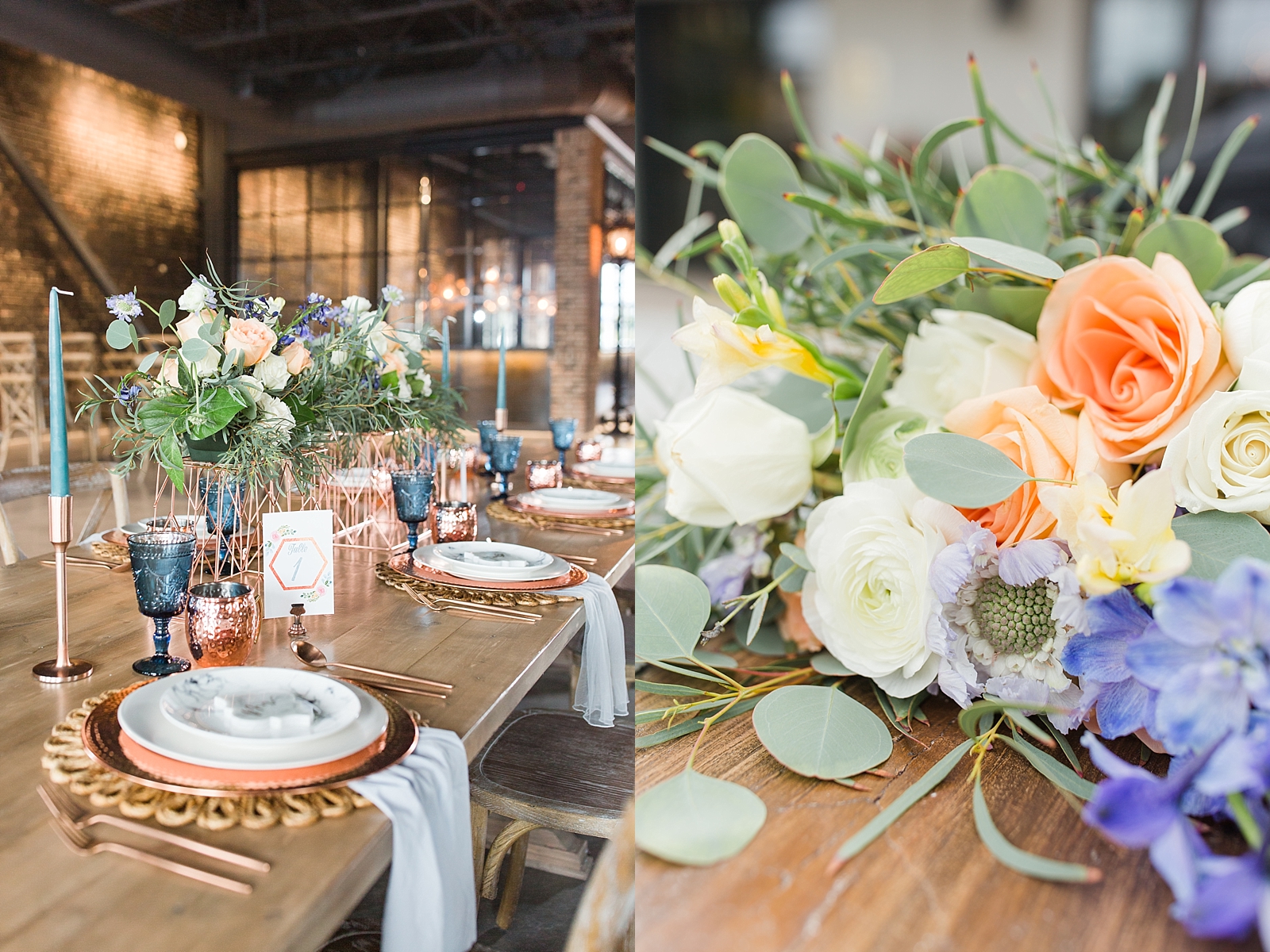 Glover Park Brewery Wedding Copper and Blue table scape and bridal bouquet Photos