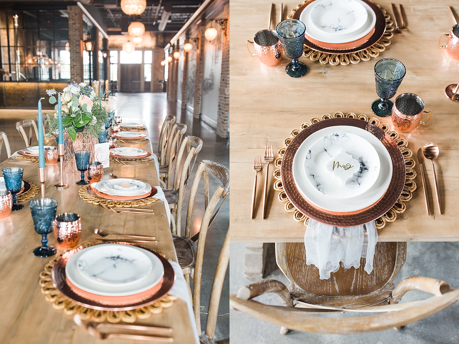 Glover Park Brewery Wedding copper and blue table scape Photos