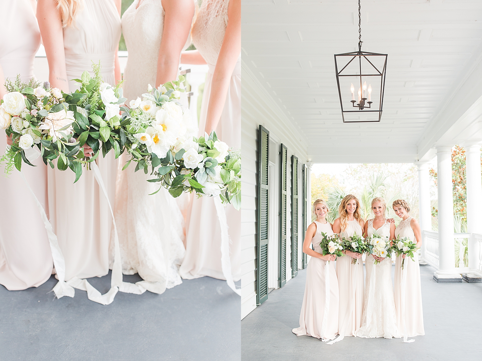 Charleston Photography Bridal Session detail of bride and bridesmaids bouquets and girls smiling at camera on porch Photos