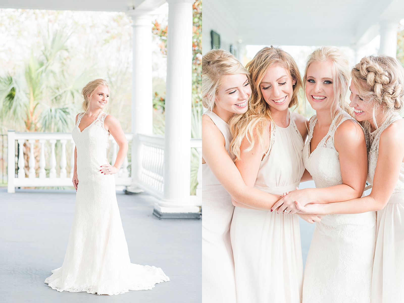 Charleston Photography Bridal Session Bride looking over her shoulder and bridesmaids hugging Photos