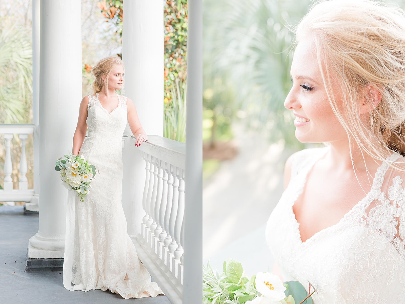 Charleston Photography Bridal Session Bride looking out over raining with flowers in right hand and profile of bride smiling Photos
