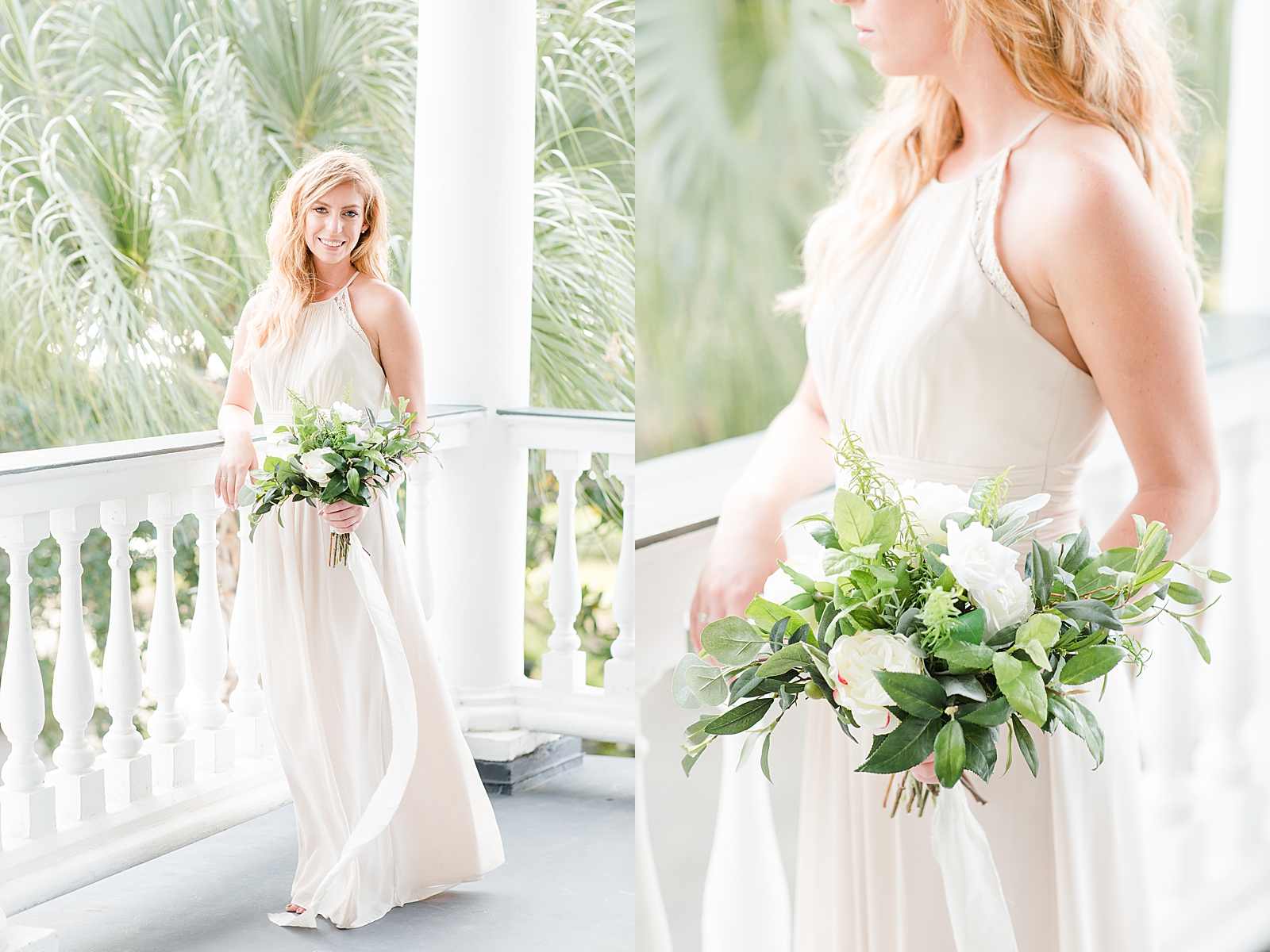 Charleston Photography Bridal Session Bridesmaid smiling at the camera and detail of bouquet Photos