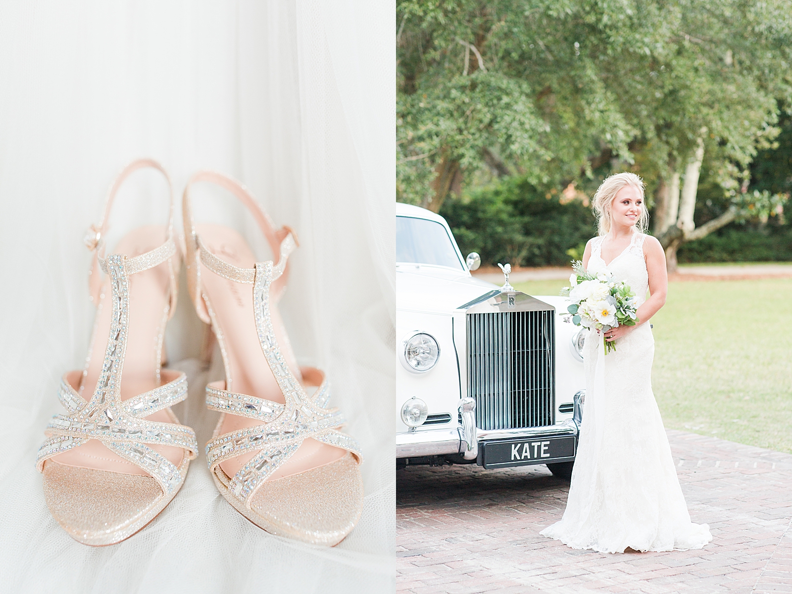 Charleston Photography Bridal Session Detail of Brides shoes and bride in front of vintage car smiling off to the side Photos