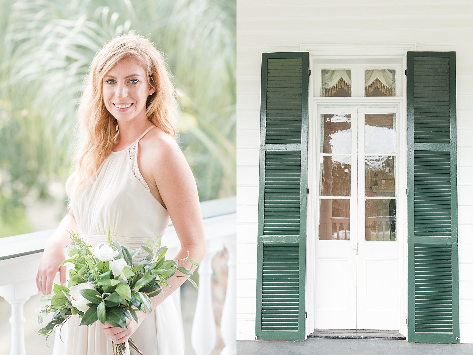 Charleston Photography Bridal Session Bridesmaid smiling at the camera and detail of porch door Photos