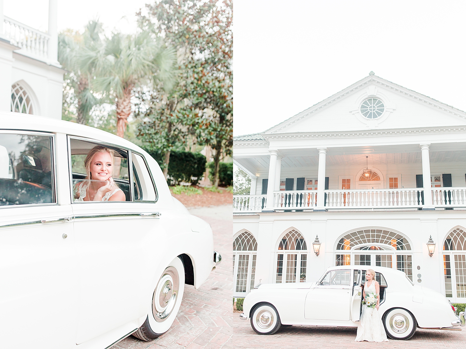 Charleston Photography Bridal Session Bride smiling in a 1959 Rolls-Royce in the back seat Photos
