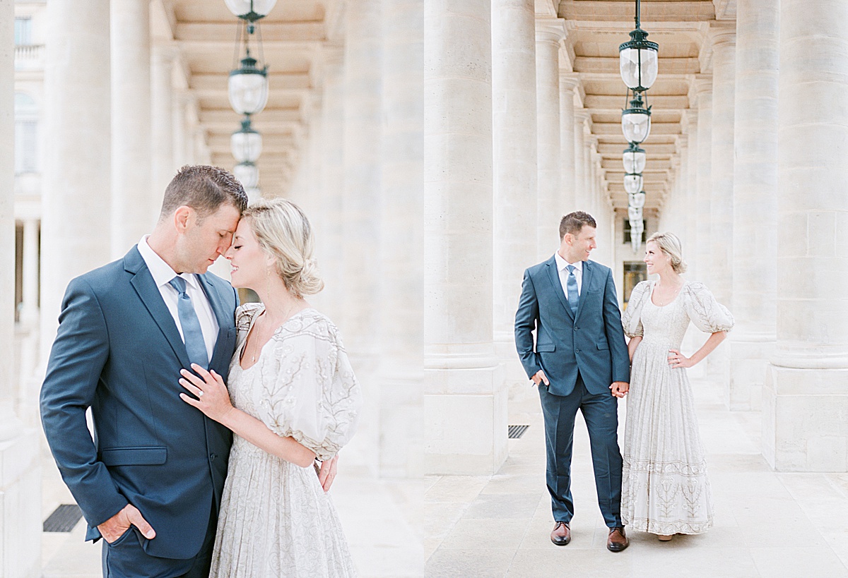 Palais Royal Engagement Couple Nose to Nose and Smiling at each other Photos