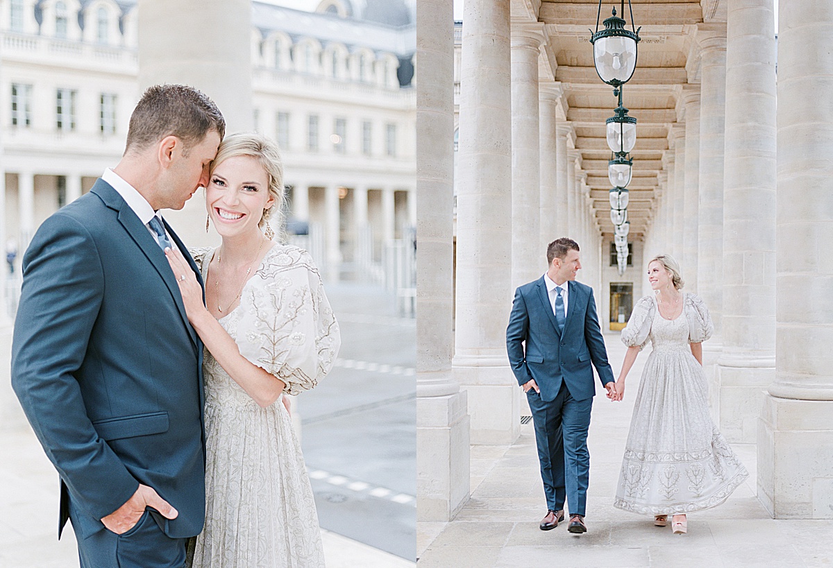 Palais Royal Engagement Alyssa Smiling at camera Kevin Nuzzling in and Couple Walking in between Columns Photos