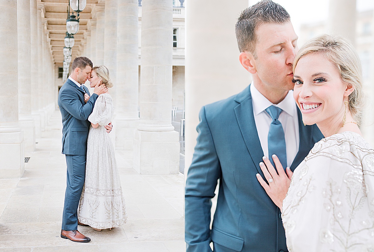 Palais Royal Engagement Couple Nose to Nose and Kevin Kissing Alyssa on Head Photos