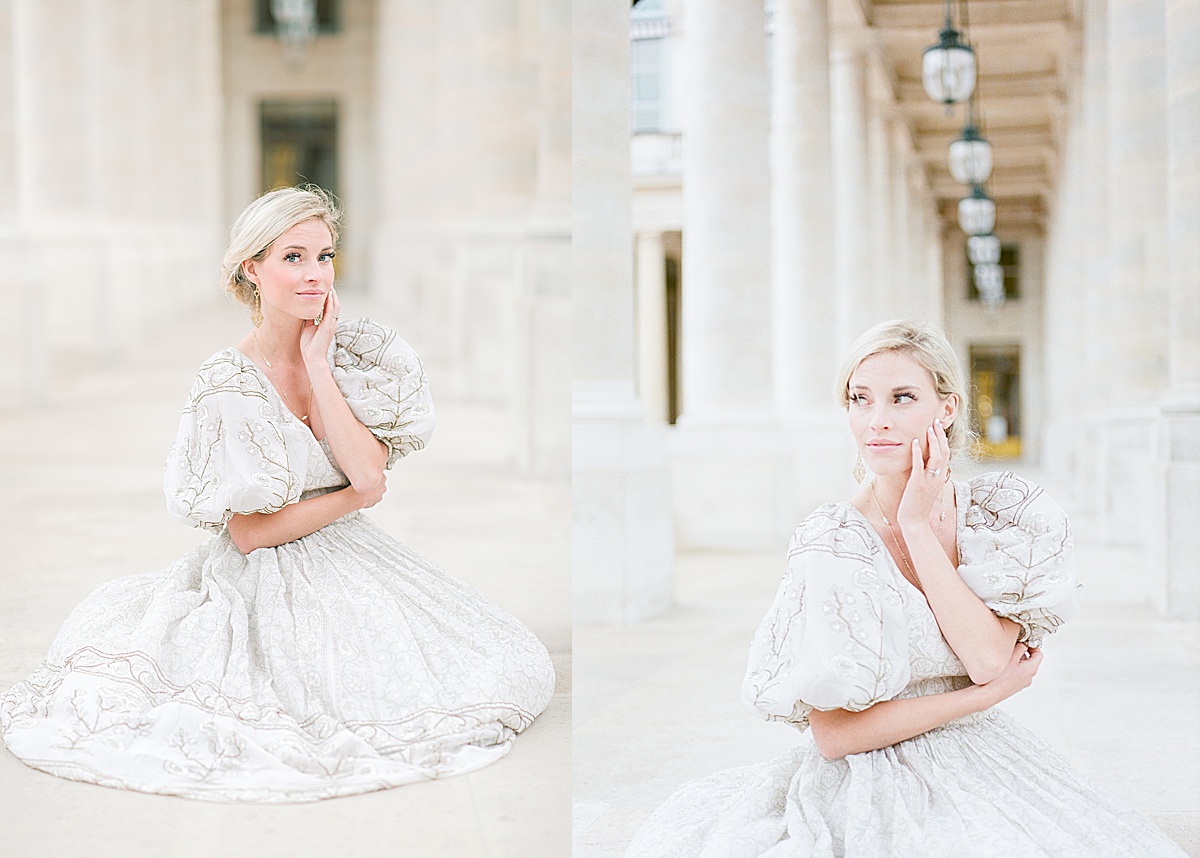 Palais Royal Engagement Alyssa Sitting on the Ground with hand on Cheek Photos